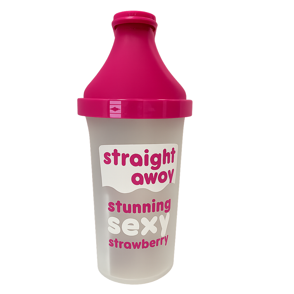 Transparante shakebeker met roze dop van Straight away, bedrukt met de tekst "stunning sexy strawberry".