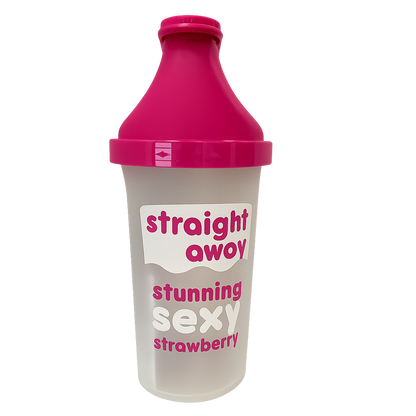 Transparante shakebeker met roze dop van Straight away, bedrukt met de tekst "stunning sexy strawberry".