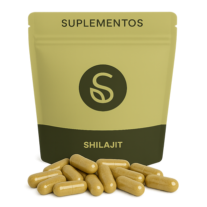 Shilajit 500mg capsules displayed in front of product packaging – natural supplement with 20% Fulvic Acid