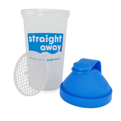 Straight away shakebeker 600ml met los zeefje en blauwe dop, volledig uit elkaar gehaald