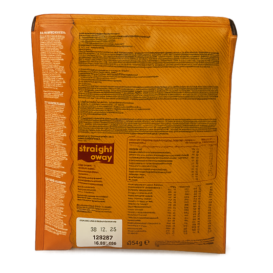 Achterkant verpakking Straight away Sweet & Sour Noodles met voedingswaarden, ingrediënten en bereidingsinstructies.