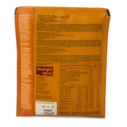 Achterkant verpakking Straight away Sweet & Sour Noodles met voedingswaarden, ingrediënten en bereidingsinstructies.