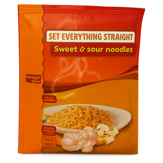 Voorkant verpakking Straight away Sweet & Sour Noodles met afbeelding van het gerecht en productnaam