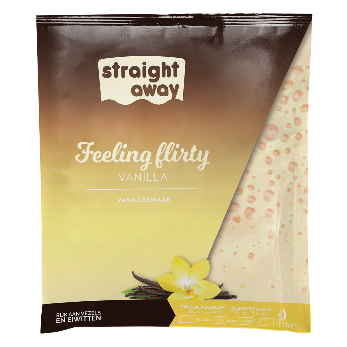 Straight away maaltijdvervangende dieetshake vanillesmaak in een glas met ijsblokjes